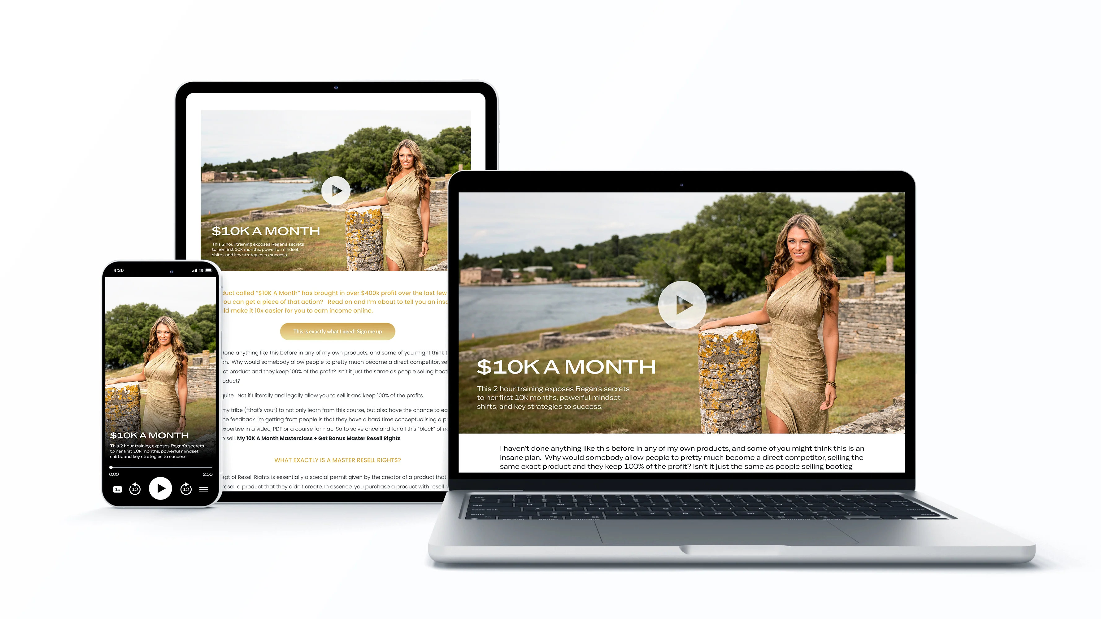 10K A Month with MRR course displayed on laptop, tablet, and smartphone screens